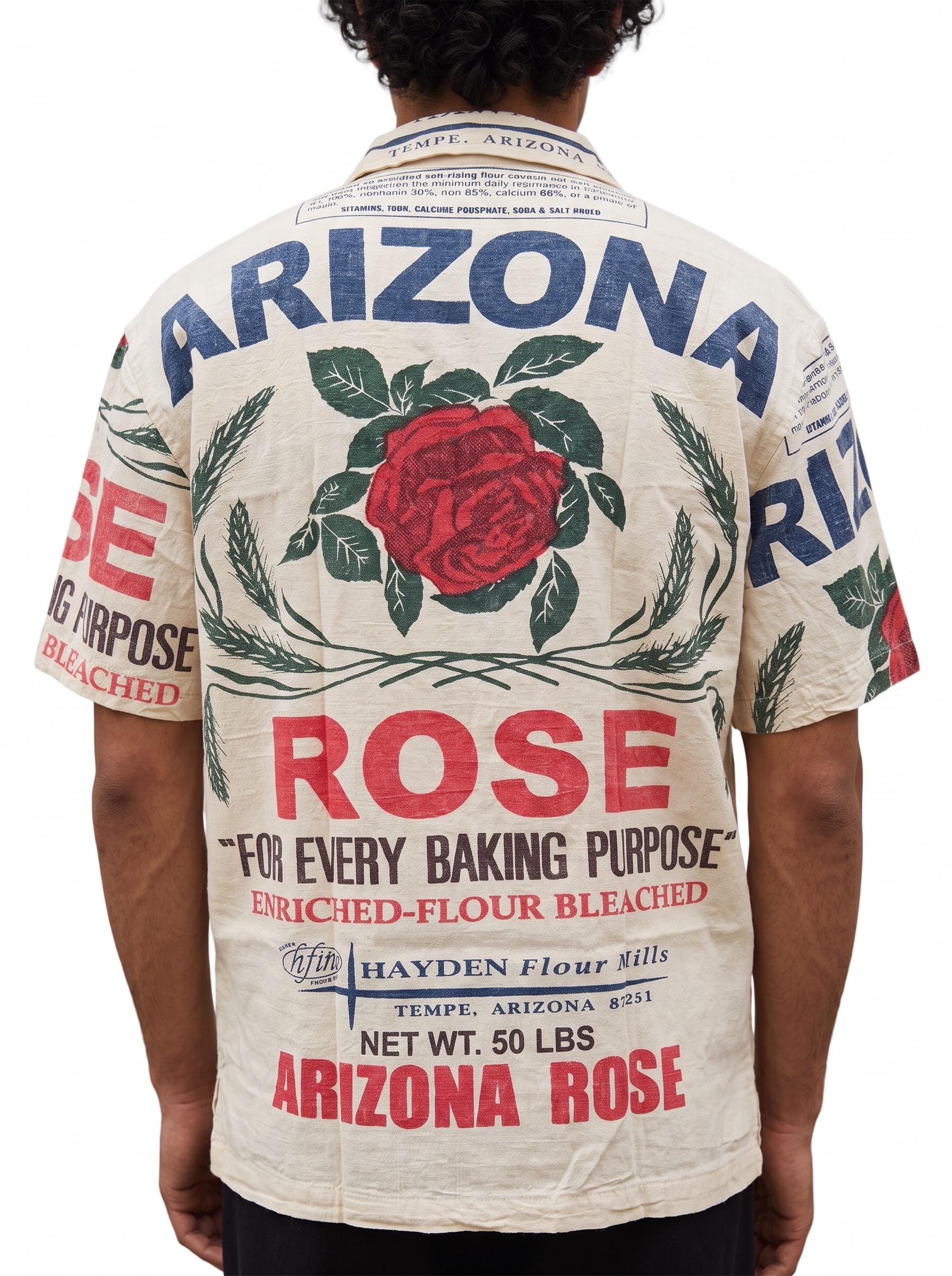 UNISEX Rose Seeds Arizona Vintage FeedSack Print Short Sleeve Button-Down Shirt – 100% Cotton (M / L / XL)