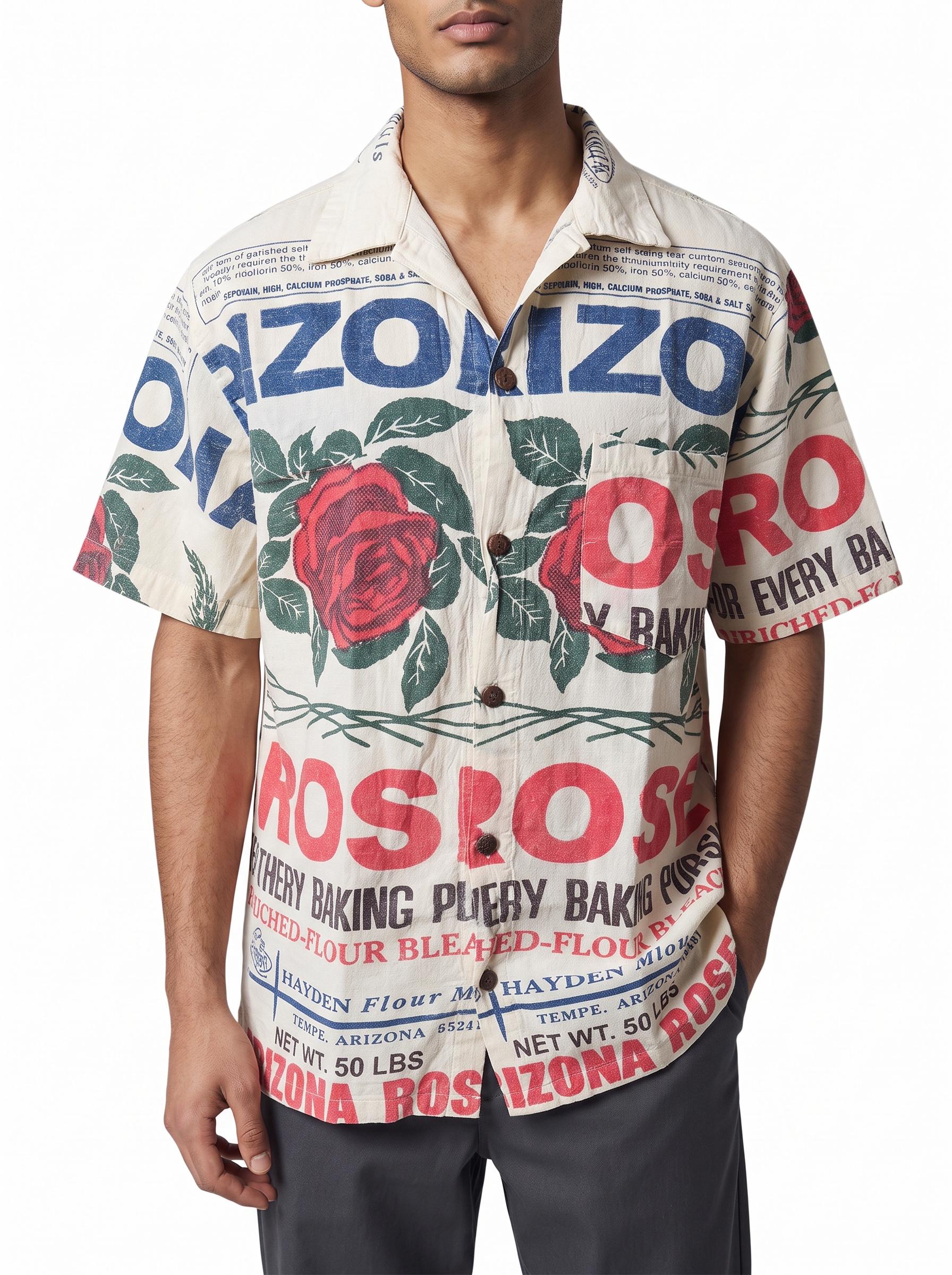 UNISEX Rose Seeds Arizona Vintage FeedSack Print Short Sleeve Button-Down Shirt – 100% Cotton (M / L / XL)
