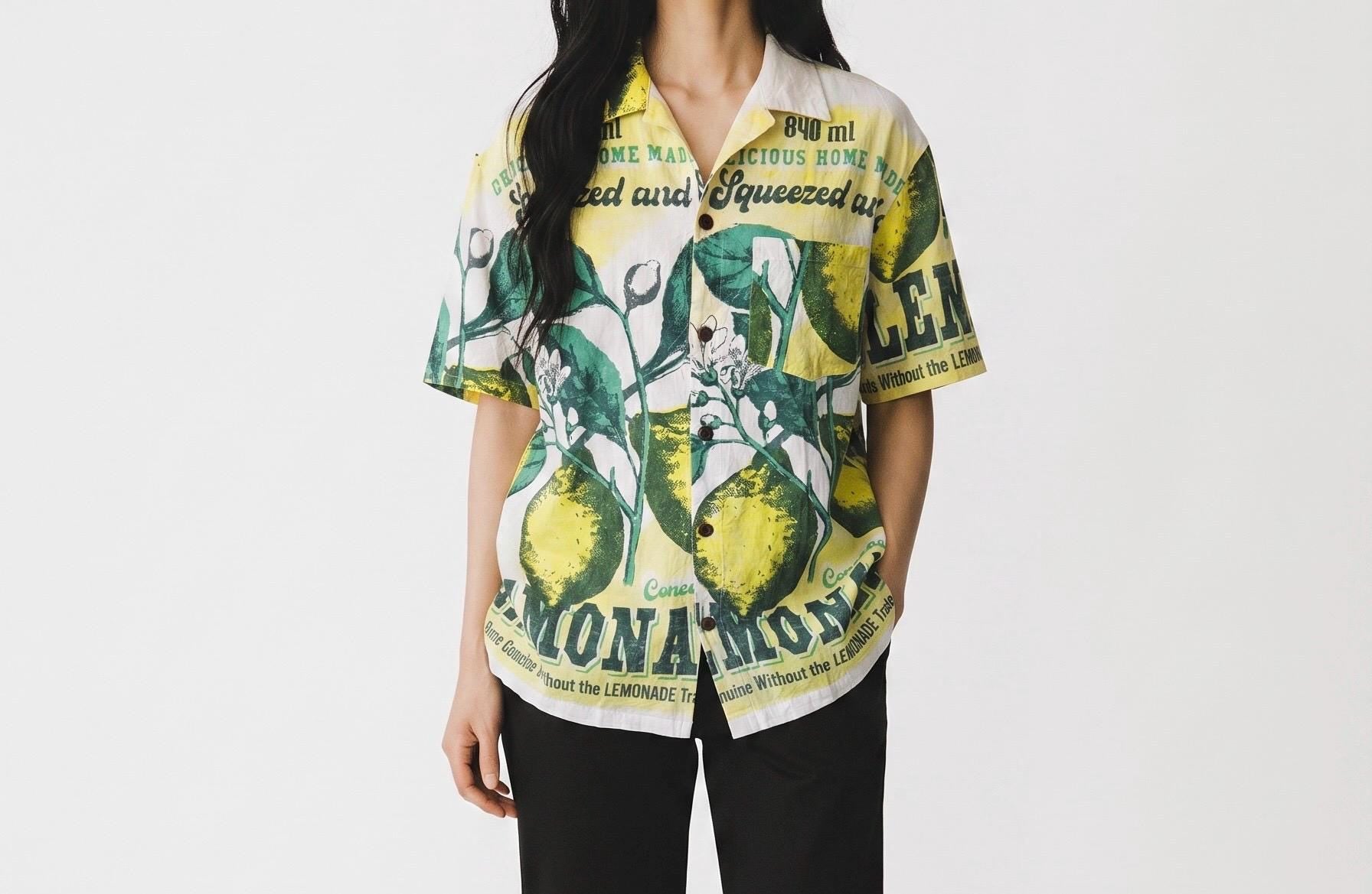 UNISEX Lemon Seeds Vintage FeedSack Print Short Sleeve Button-Down Shirt – 100% Cotton (M / L / XL)