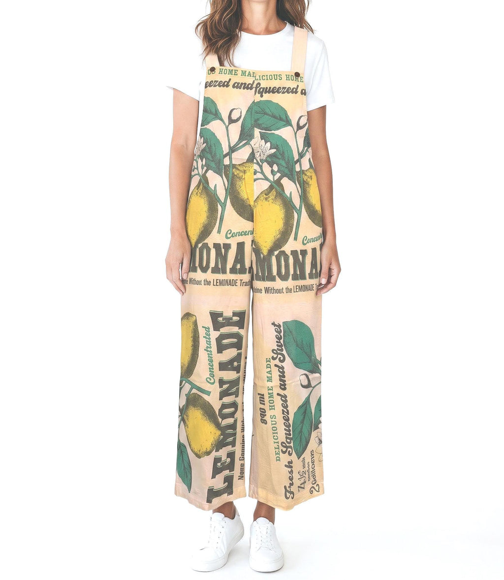 Lemon Vintage Flour Sack Print Cotton Overalls - 100% Cotton Citrus Jumpsuit
