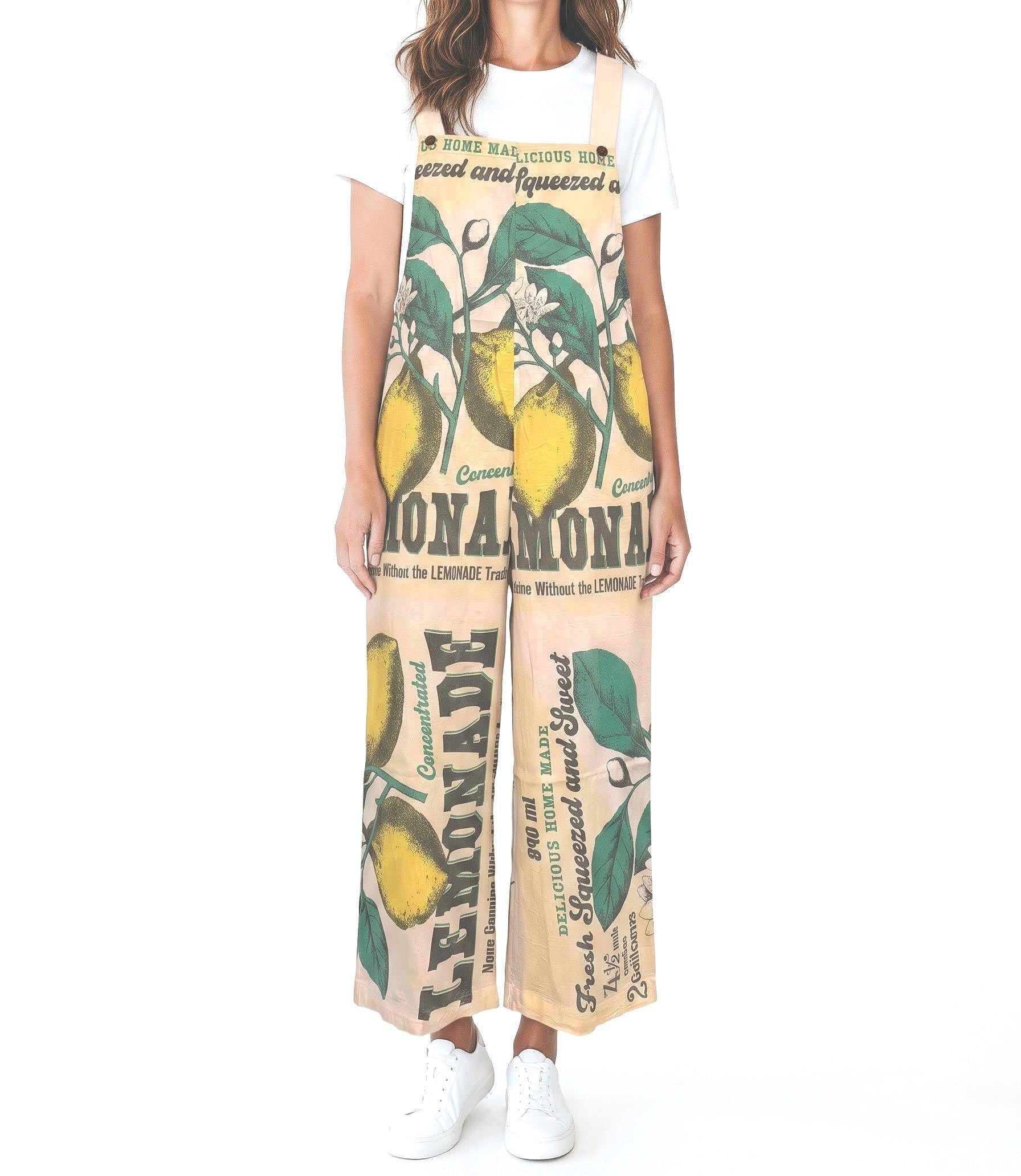 Lemon Vintage Flour Sack Print Cotton Overalls - 100% Cotton Citrus Jumpsuit
