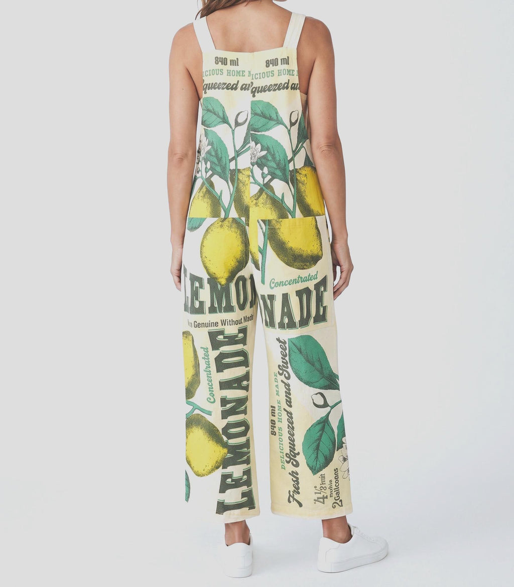 Lemon Vintage Flour Sack Print Cotton Overalls - 100% Cotton Citrus Jumpsuit