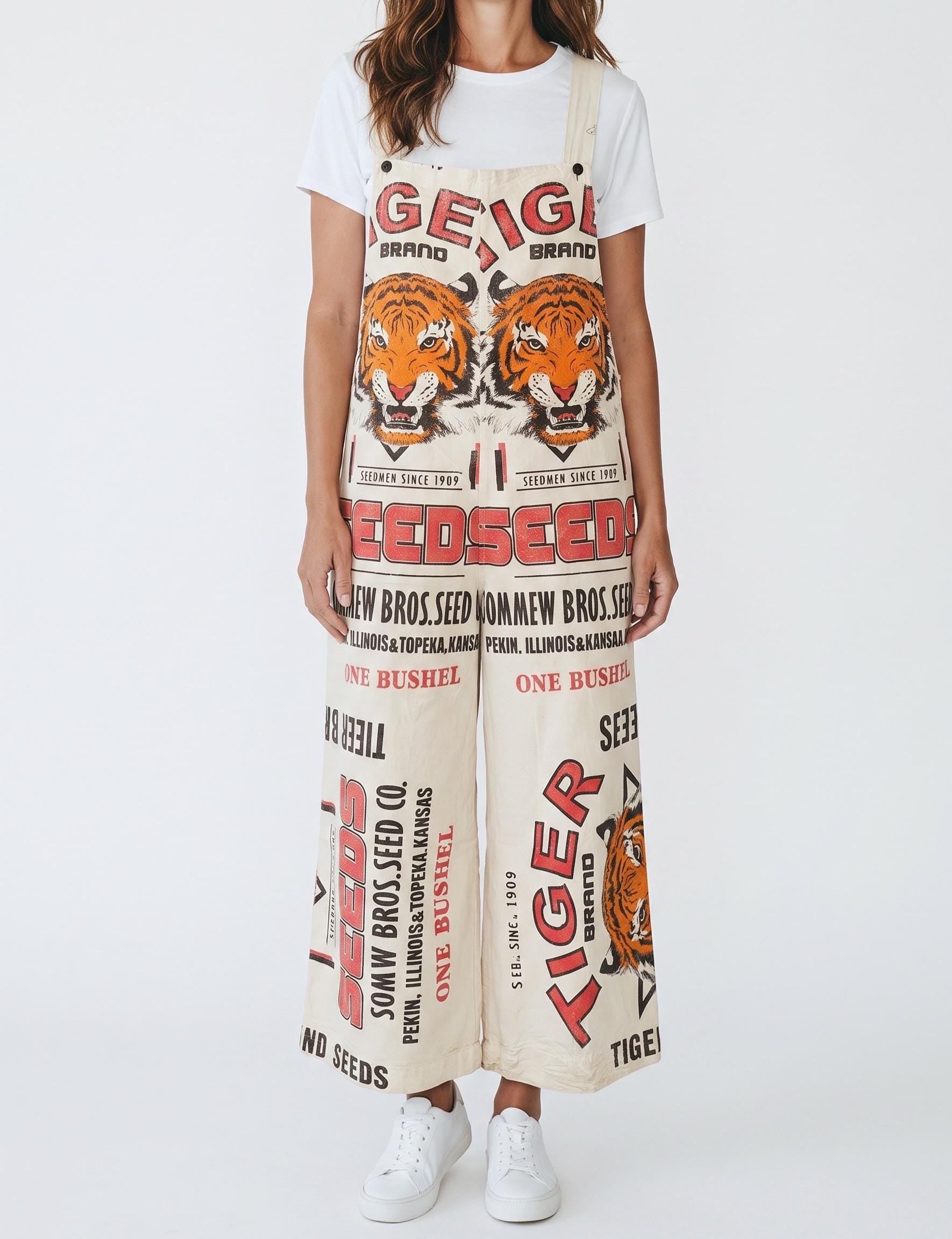 Tiger Vintage Flour Sack Print Cotton Overalls - 100% Cotton Animal Jumpsuit