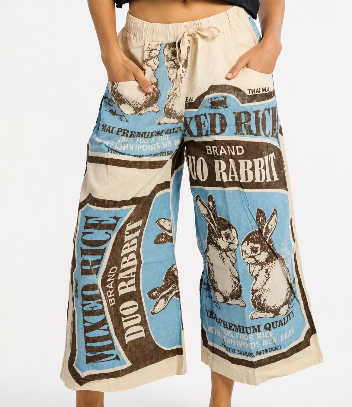 Vintage Rabbit Print Cotton Wide-Leg - 100% Cotton - One Size
