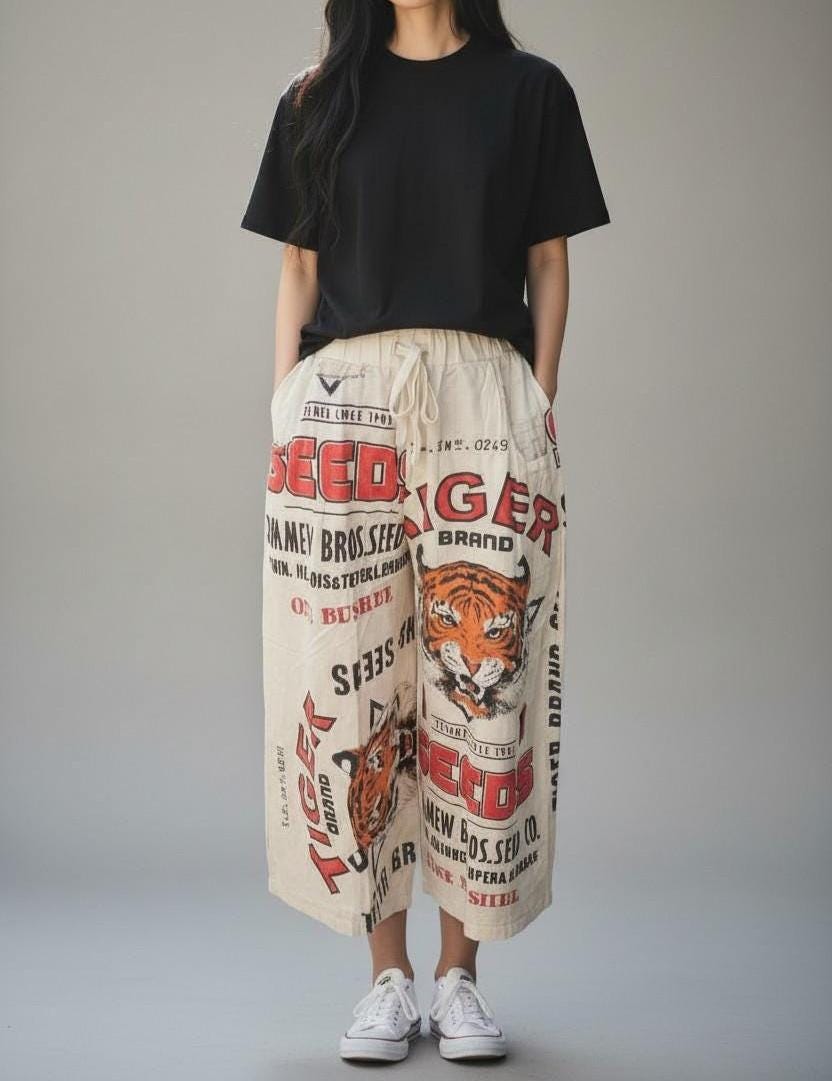 Tiger Seeds Vintage FeedSack Print Cotton Wide-Leg - 100% Cotton - One Size