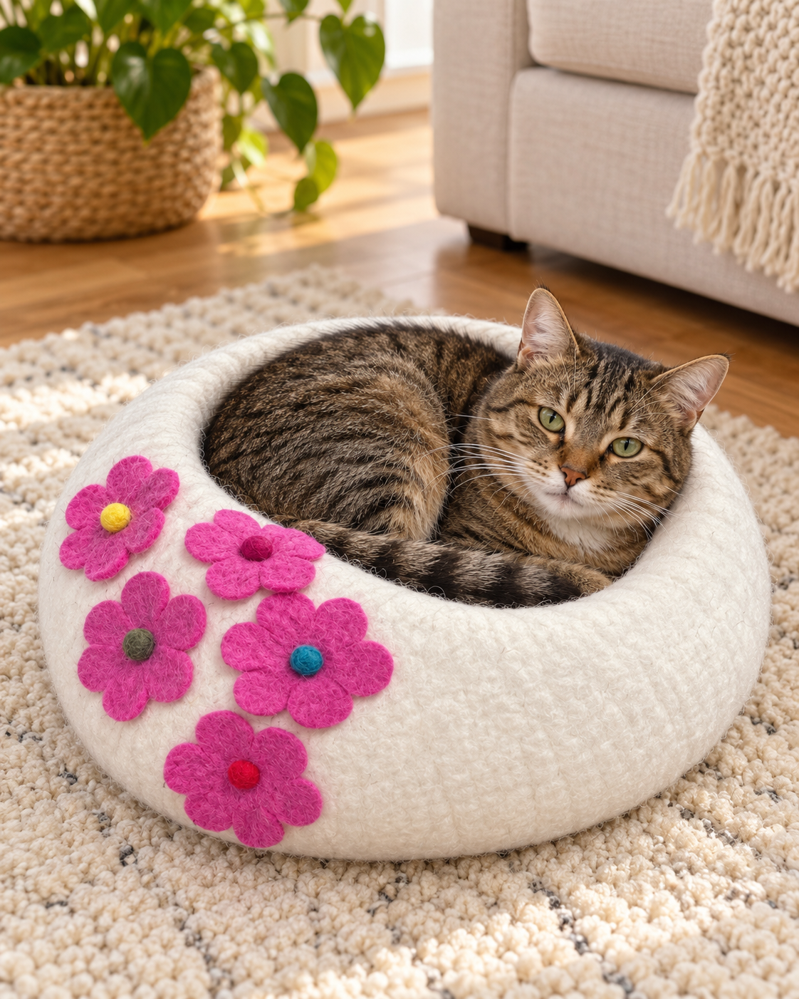 Ivory & Pink Flower felt cat cave — folded padded bed with cat