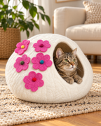 Ivory & Pink Flower felt cat cave — cat inside upright cave