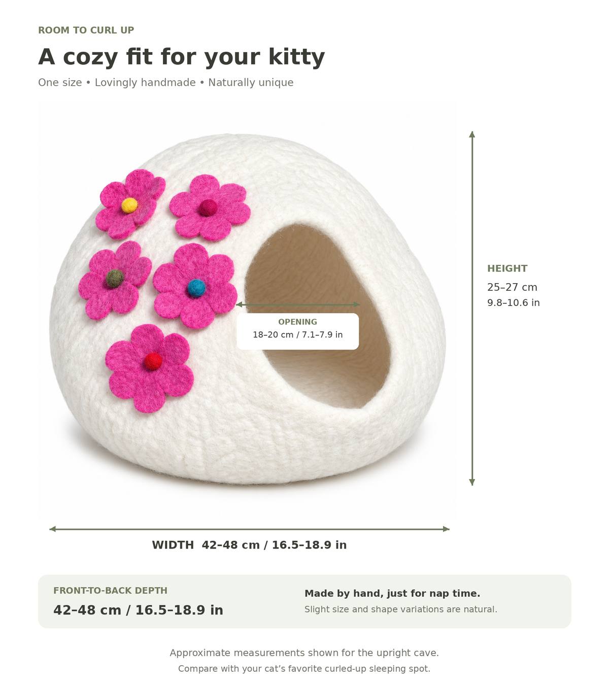 Ivory & Pink Flower felt cat cave — size guide in centimeters and inches