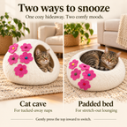 Ivory & Pink Flower felt cat cave — two ways to use: cat cave and padded bed