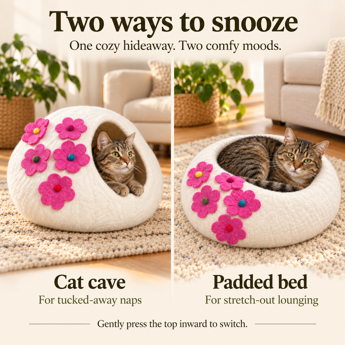 Ivory & Pink Flower felt cat cave — two ways to use: cat cave and padded bed