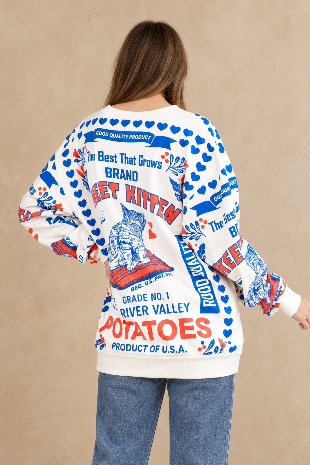 Sweet kitten cotton sweatshirt styled with blue jeans, back