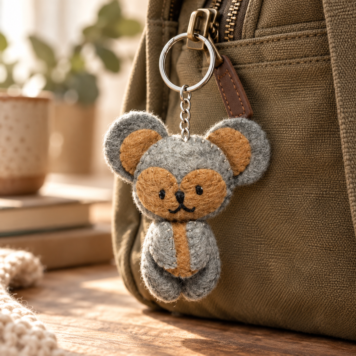 Handmade felt Koala keychain displayed on a bag