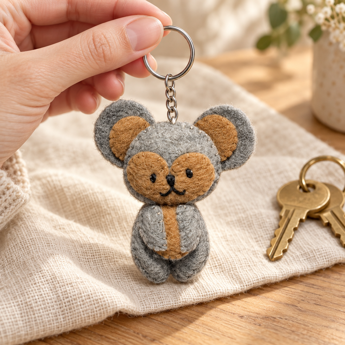 Handmade felt Koala keychain shown in a lifestyle setting