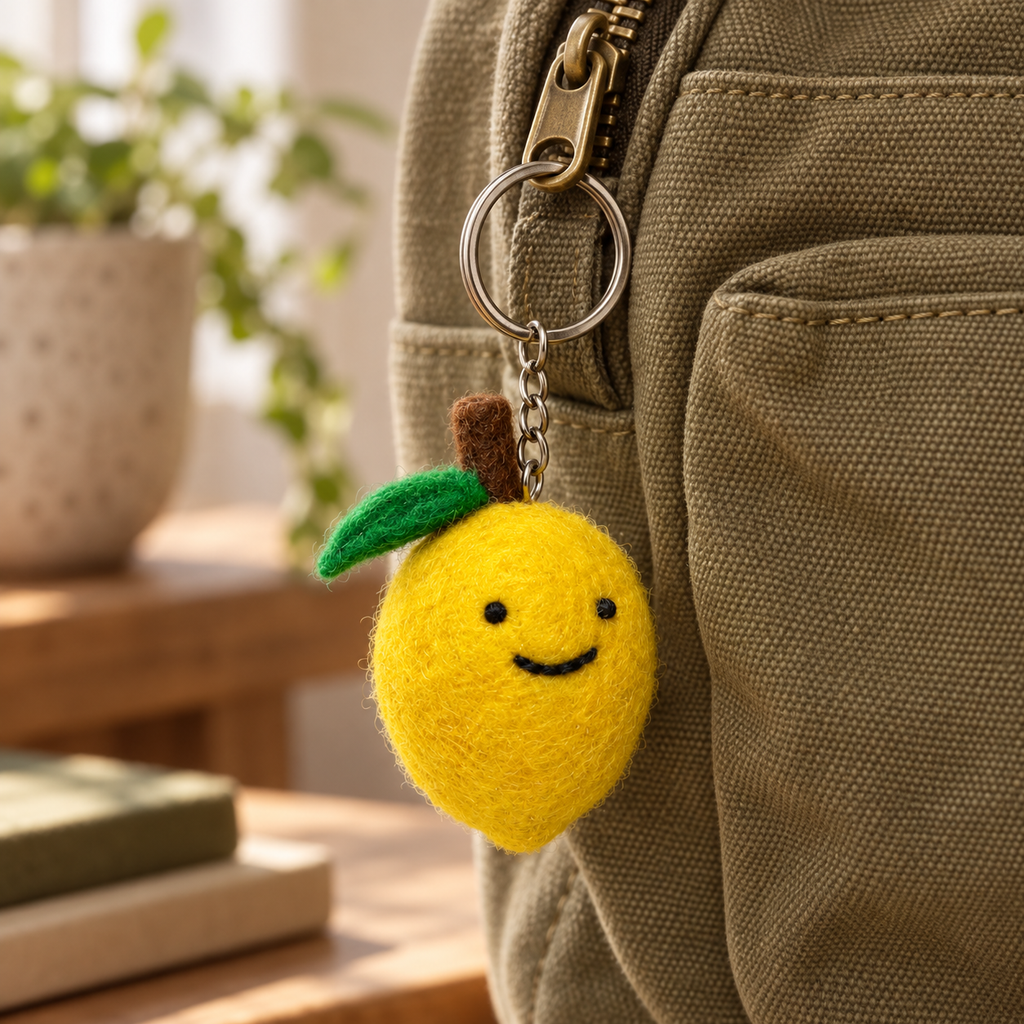 Handmade felt Lemon keychain displayed on a bag