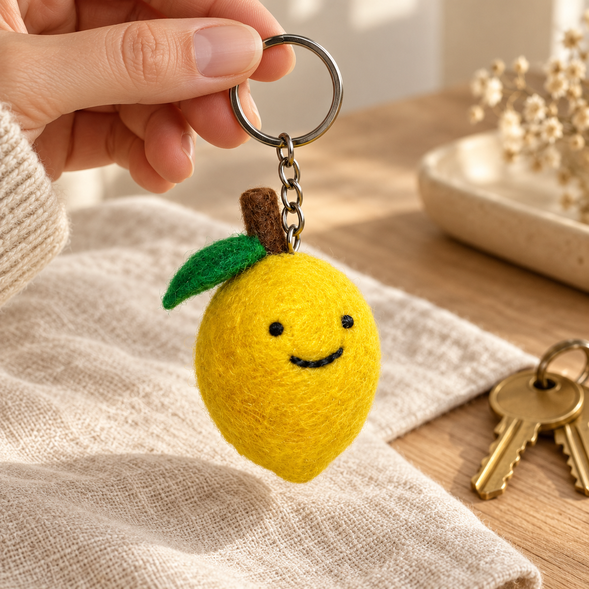 Handmade felt Lemon keychain shown in a lifestyle setting