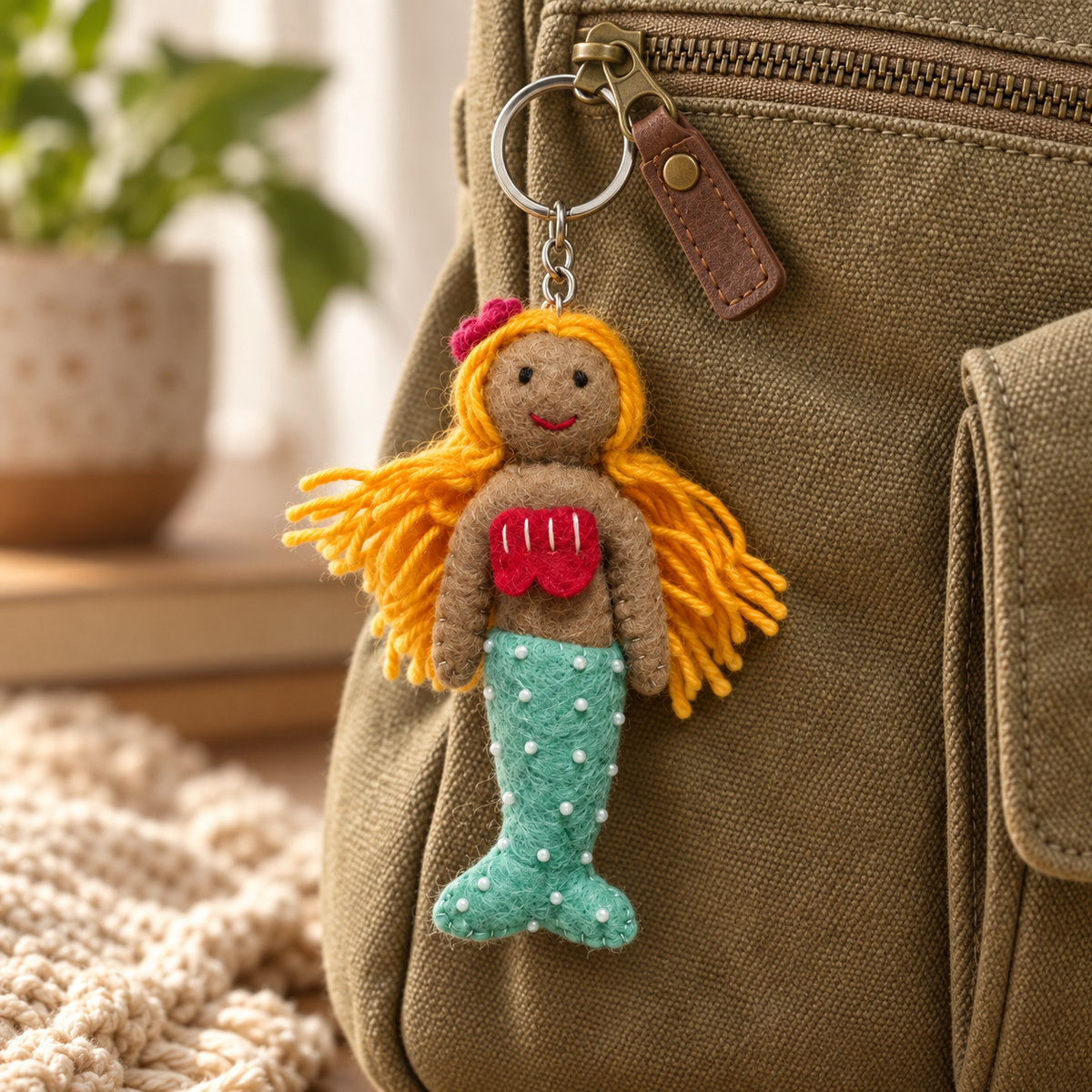 Handmade felt Mermaid keychain displayed on a bag