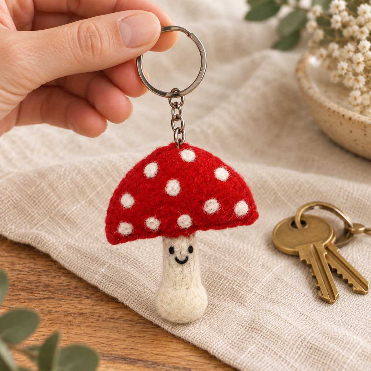 Handmade felt Mushroom keychain shown in a lifestyle setting