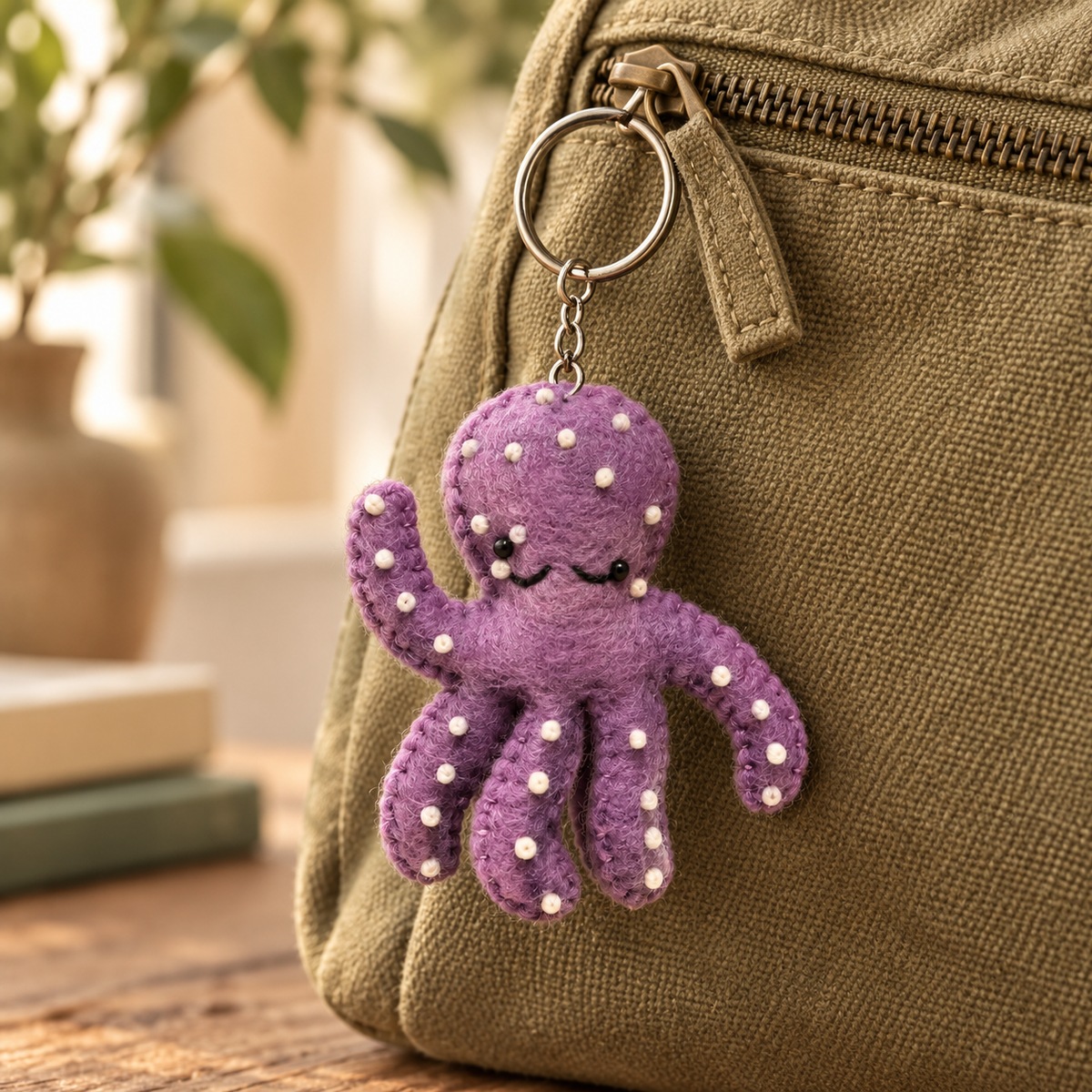 Handmade felt Octopus keychain displayed on a bag