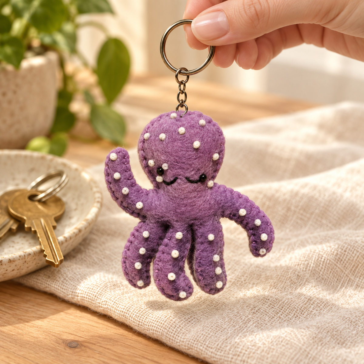 Handmade felt Octopus keychain shown in a lifestyle setting