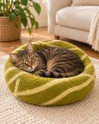 Olive & Cream Striped felt cat cave — folded padded bed with cat