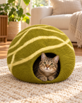 Olive & Cream Striped felt cat cave — cat inside upright cave
