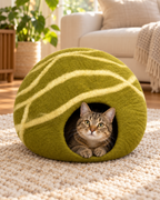 Olive & Cream Striped felt cat cave — cat inside upright cave