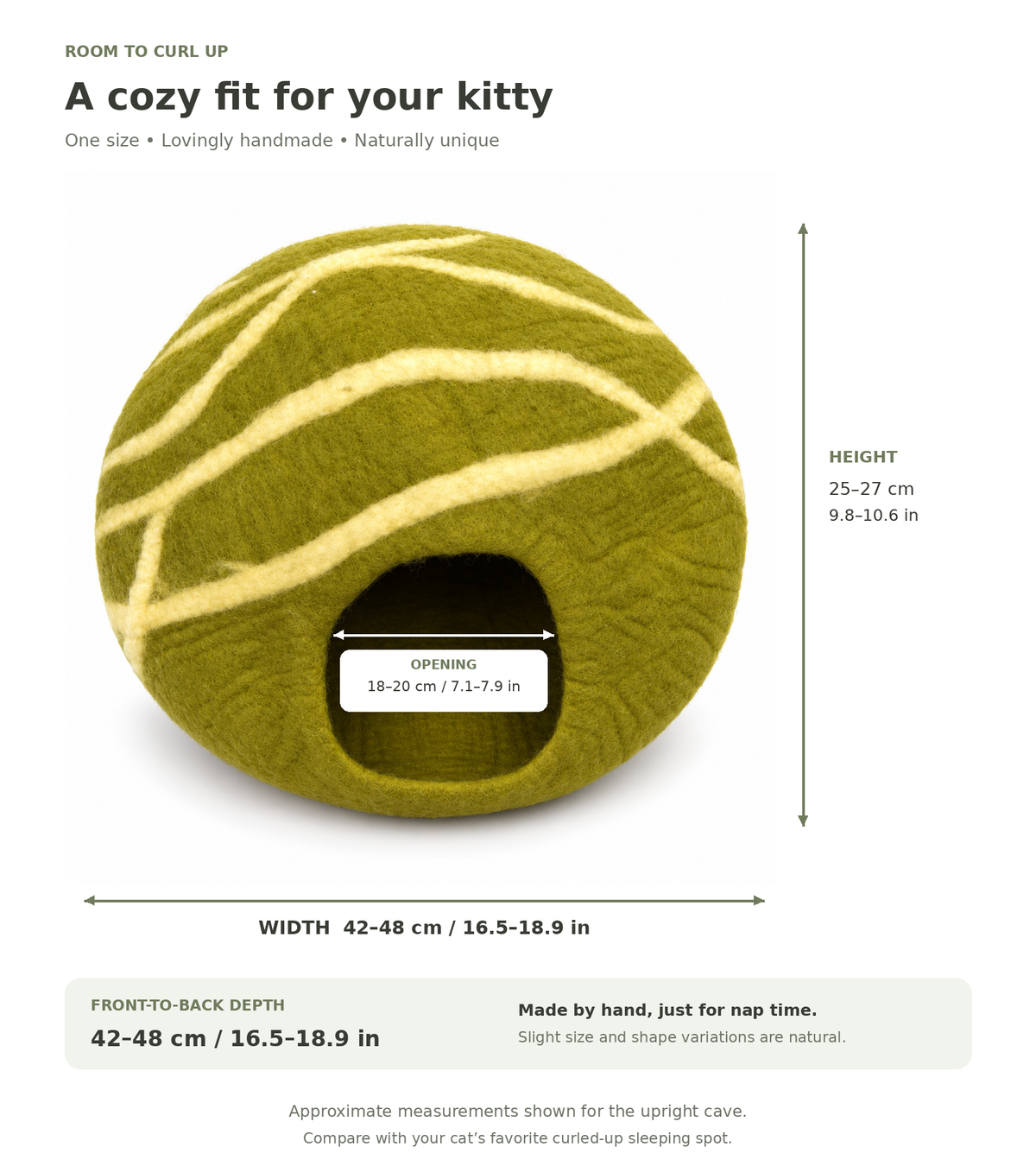 Olive & Cream Striped felt cat cave — size guide in centimeters and inches