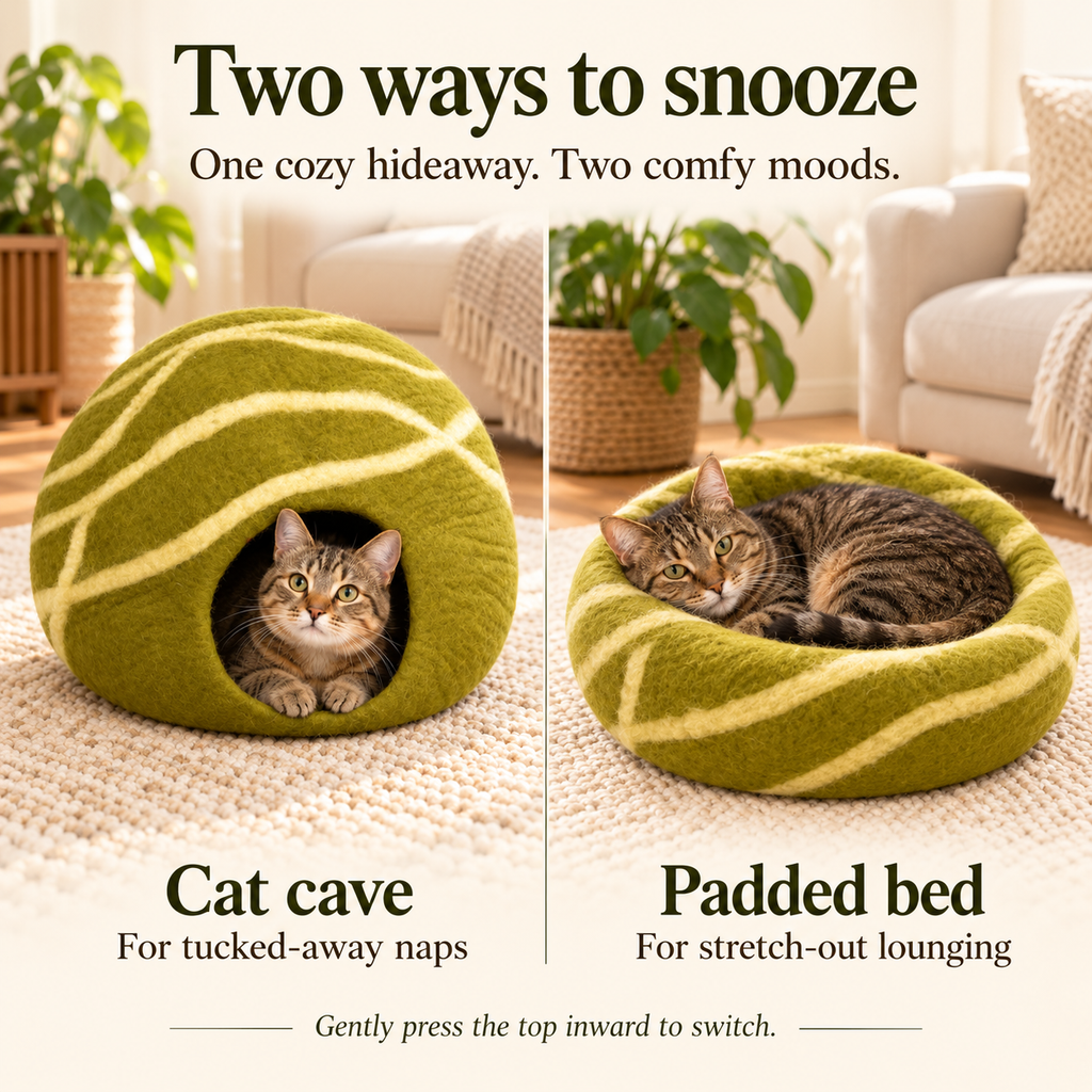 Olive & Cream Striped felt cat cave — two ways to use: cat cave and padded bed
