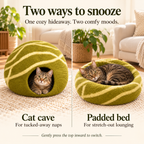 Olive & Cream Striped felt cat cave — two ways to use: cat cave and padded bed