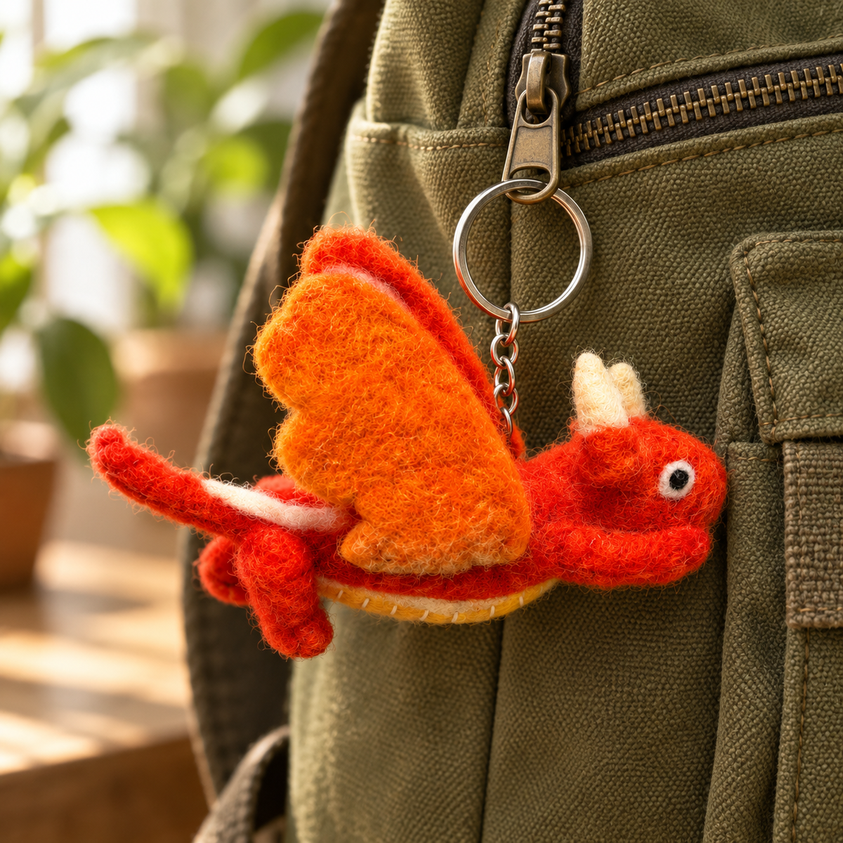 Handmade felt Orange Dragon keychain displayed on a bag