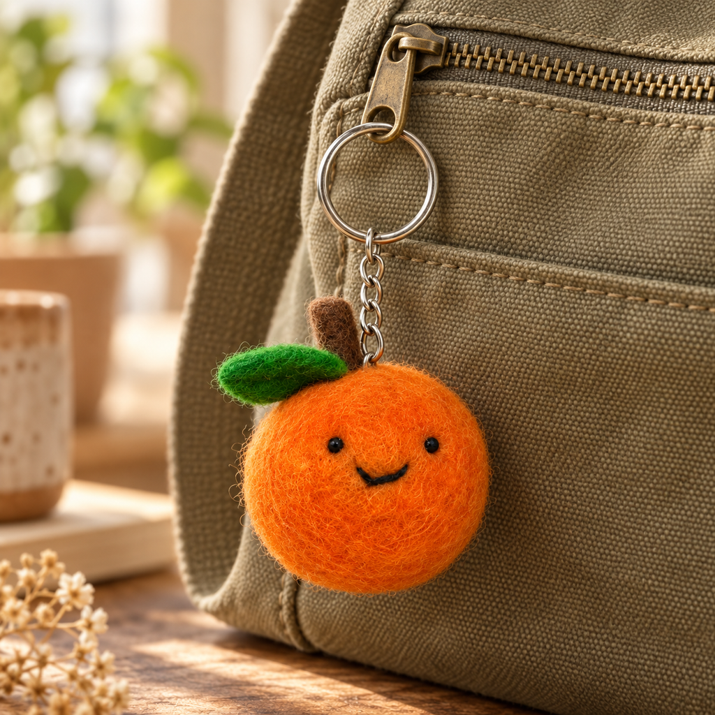Handmade felt Orange keychain displayed on a bag