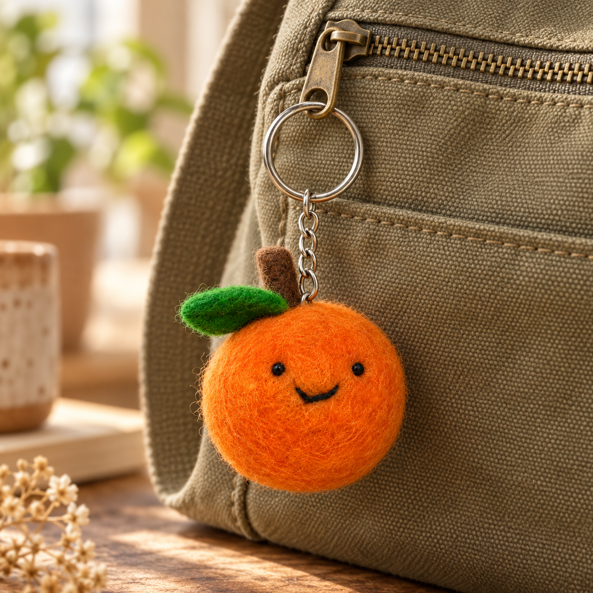 Handmade felt Orange keychain displayed on a bag