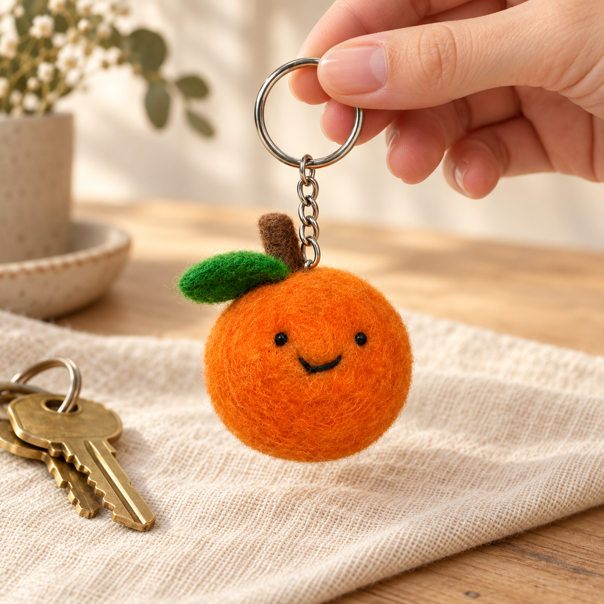 Handmade felt Orange keychain shown in a lifestyle setting