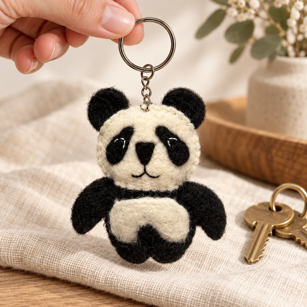 Handmade felt Panda keychain shown in a lifestyle setting