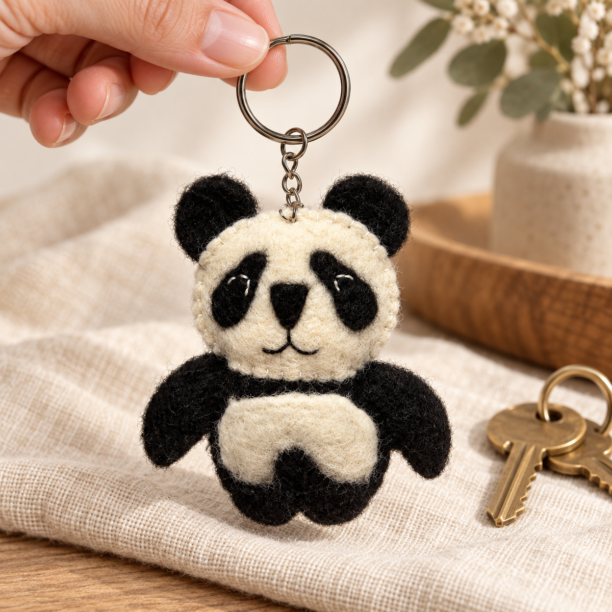 Handmade felt Panda keychain shown in a lifestyle setting