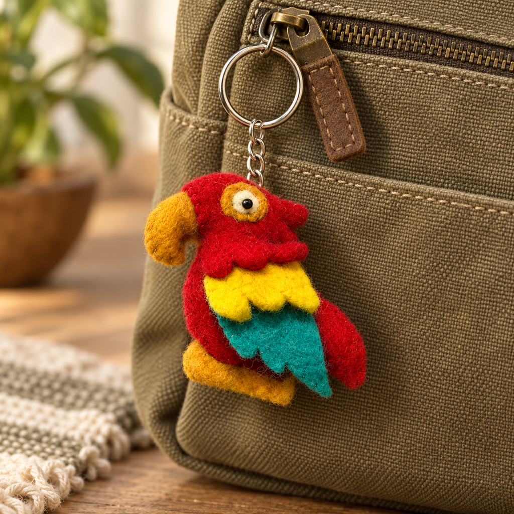 Handmade felt Parrot keychain displayed on a bag