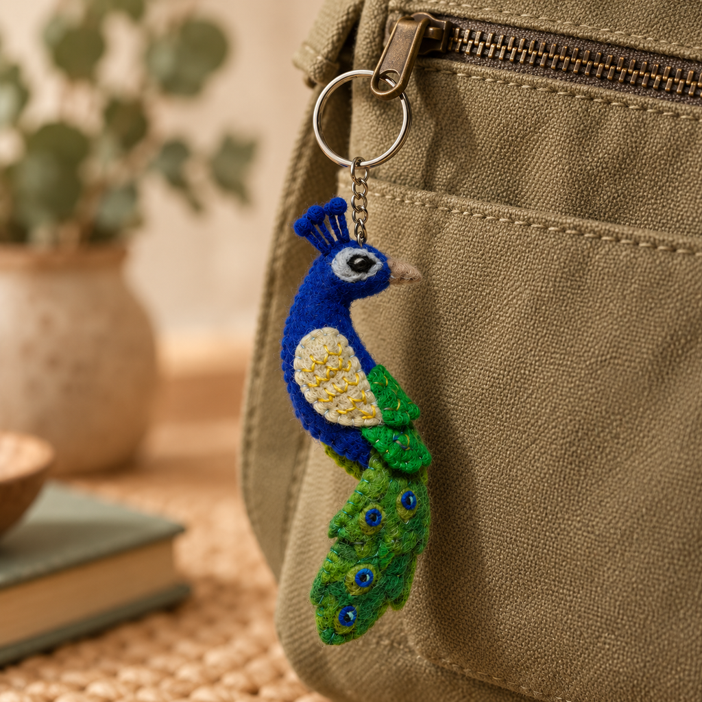 Handmade felt Peacock keychain displayed on a bag