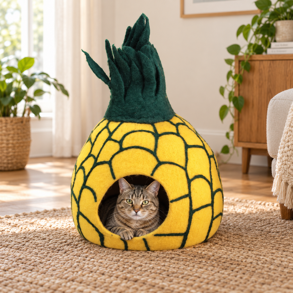 Pineapple felt cat cave with cat inside