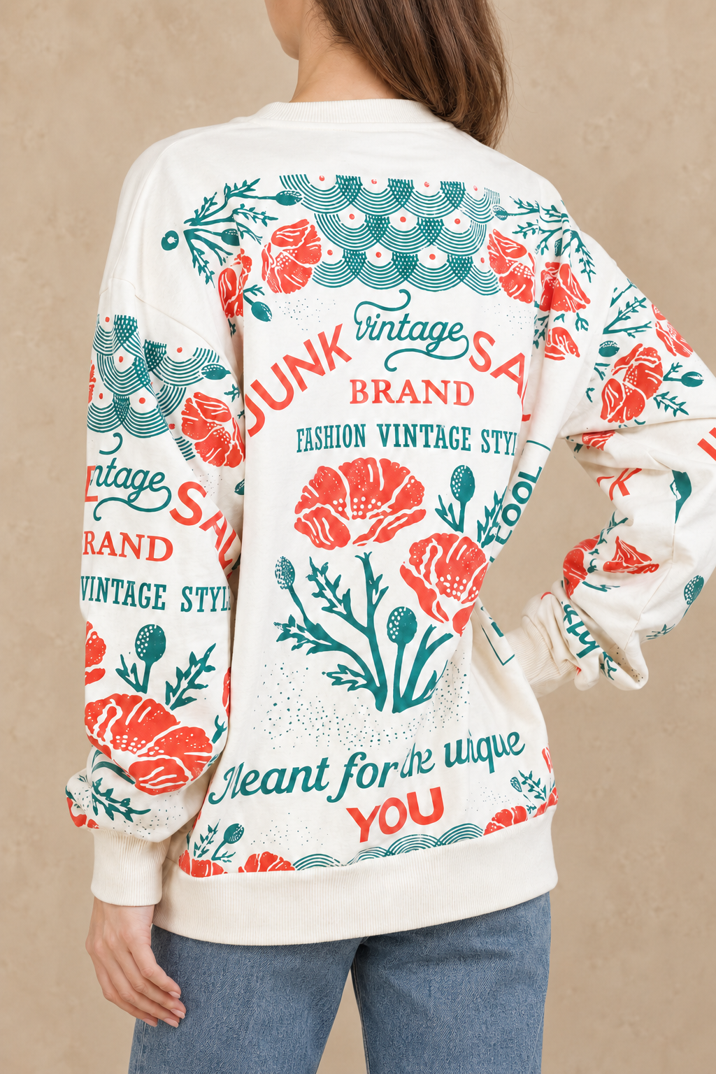 Poppy cotton sweatshirt styled with blue jeans, back