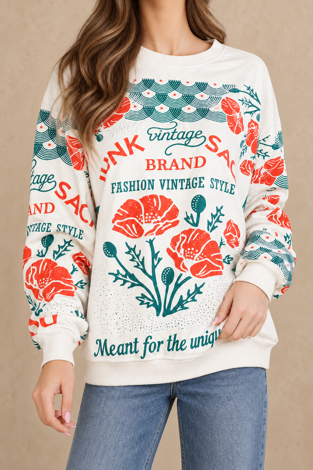 Poppy cotton sweatshirt styled with blue jeans, front