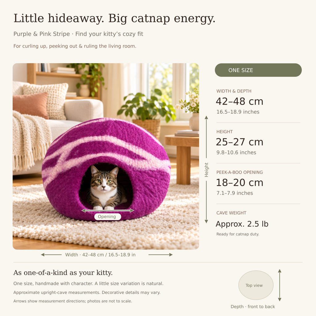 Purple & Pink Striped cat cave measurement guide