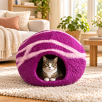 Purple & Pink Striped felt cat cave with cat inside