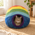 Rainbow felt cat cave with cat inside