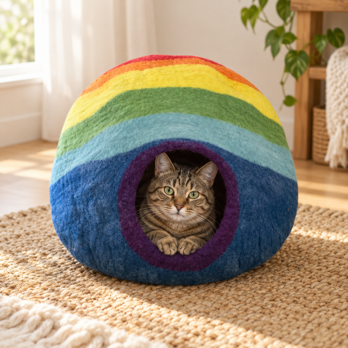 Rainbow felt cat cave with cat inside