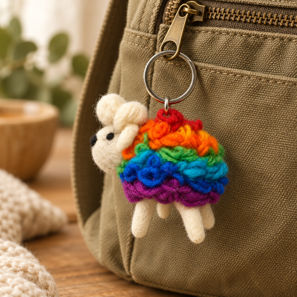 Handmade felt Rainbow Sheep keychain displayed on a bag