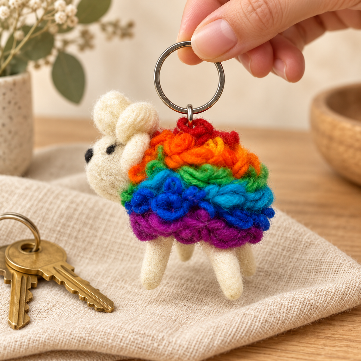 Handmade felt Rainbow Sheep keychain shown in a lifestyle setting