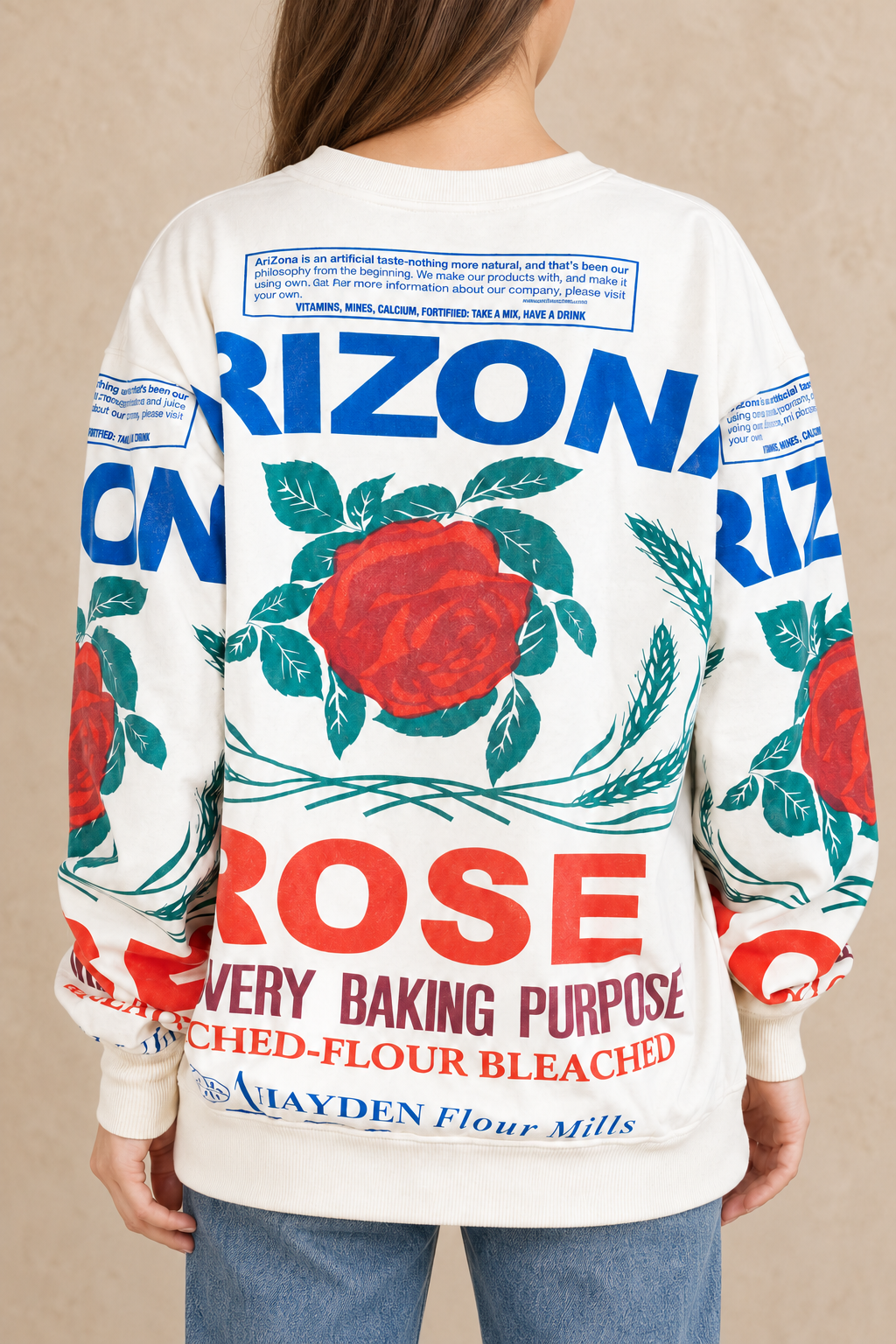 Arizona rose cotton sweatshirt styled with blue jeans, back
