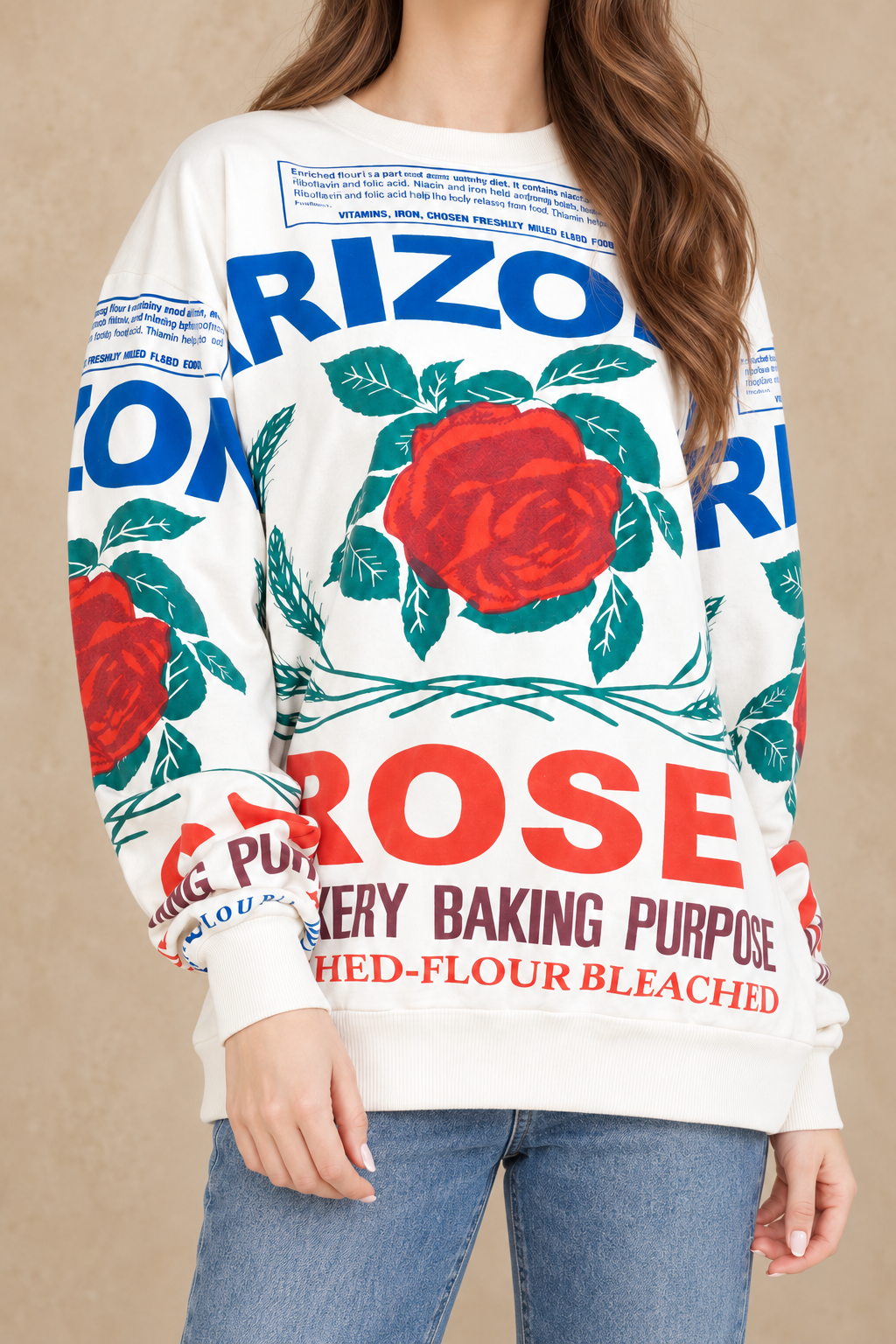 Arizona rose cotton sweatshirt styled with blue jeans, front