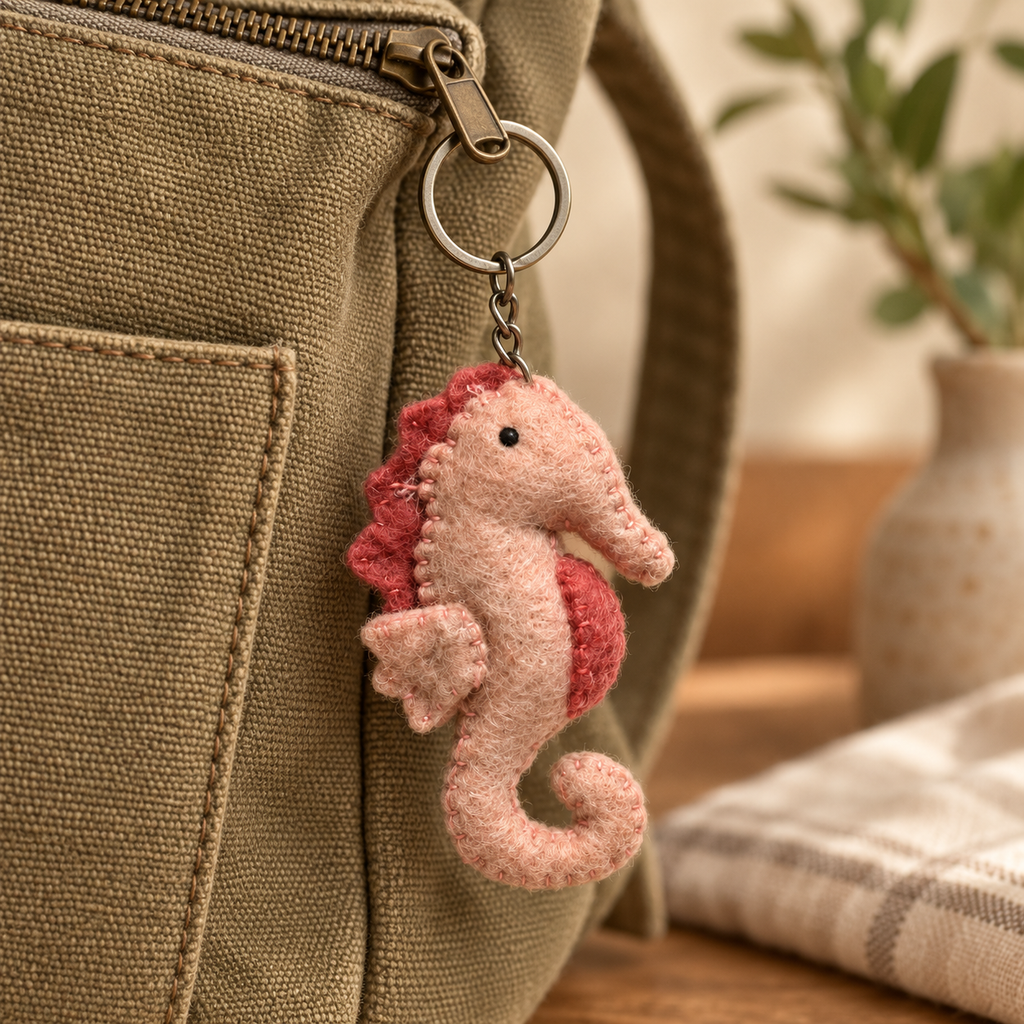 Handmade felt Seahorse keychain displayed on a bag