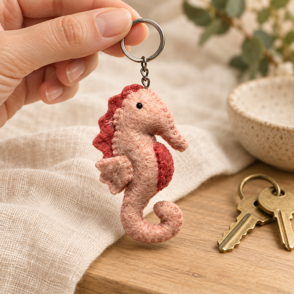 Handmade felt Seahorse keychain shown in a lifestyle setting